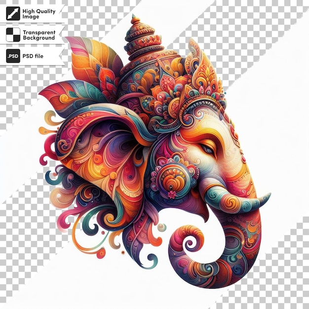 PSD um elefante com um padrão colorido na cabeça