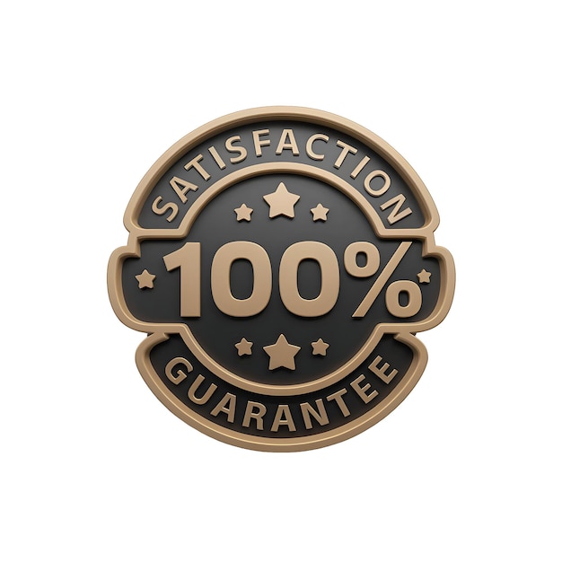 Um emblema de Garantia de Satisfação 100 de cor dourada renderizado em 3D sobre um fundo cinza escuro