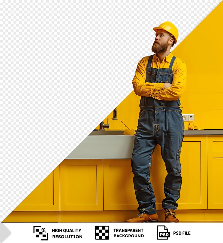 PSD um encanador perplexo a olhar para a torneira da cozinha.
