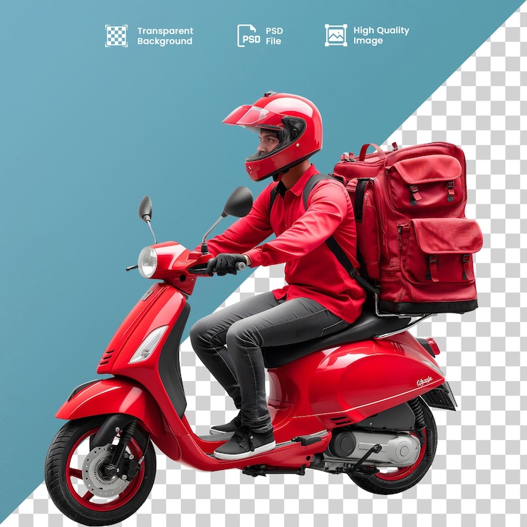 PSD um entregador en uma scooter vermelha com uniforme e capacete da mesma cor carregando uma mochila
