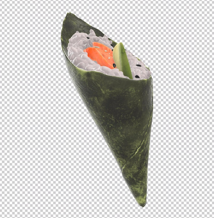 PSD um envoltório de sushi com uma folha que tem um arroz isolado em fundo transparente