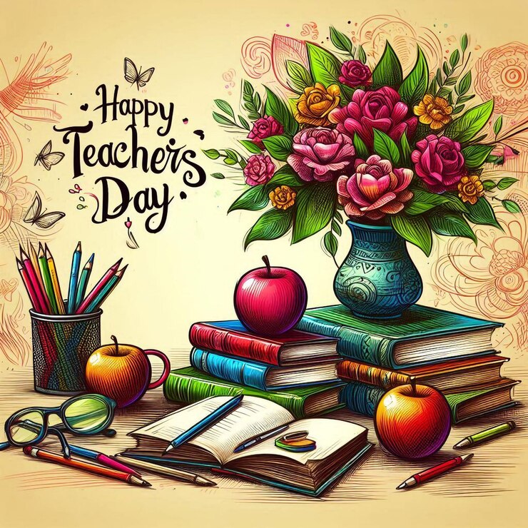 PSD um esboço para o feliz dia dos professores com uma pilha de livros um vaso e uma maçã