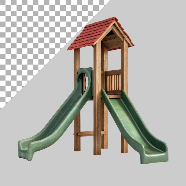 Um escorregador verde com um telhado vermelho e uma casa de jogos de madeira isolada em um fundo transparente