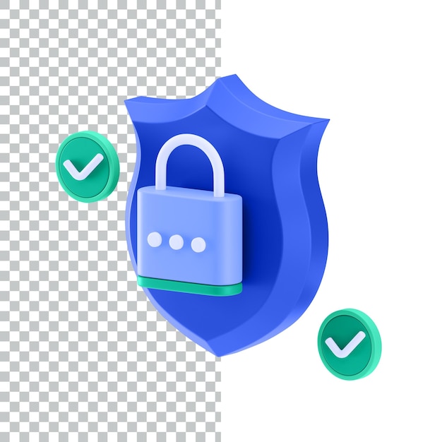 Um escudo azul com um cadeado que diz ícone 3D de cadeado renderiza ilustração de ícone 3D de design de ativo