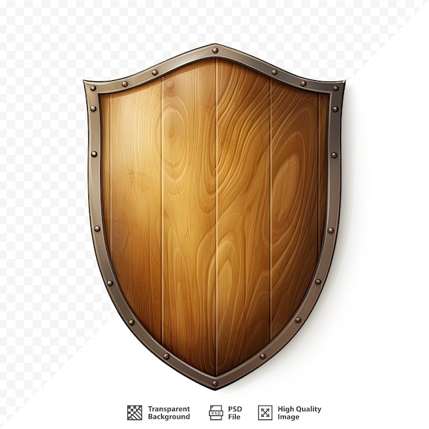 PSD um escudo com um escudo de madeira em um fundo transparente.