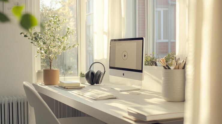 PSD um espaço de trabalho minimalista com fones de ouvido de computador e plantas junto a uma janela