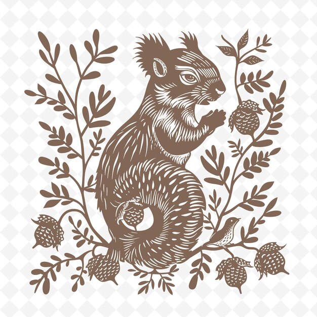 PSD um esquilo com uma cauda espinhosa senta-se em um padrão floral