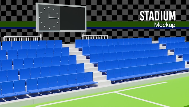 um estádio de futebol 3D com assento e placar