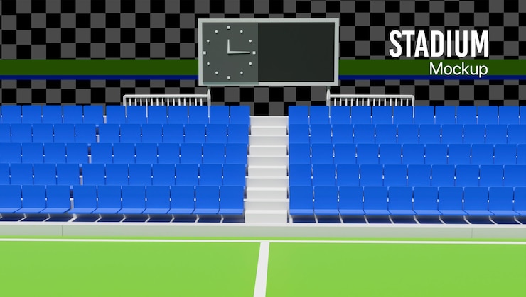 PSD um estádio de futebol 3d com assento e placar
