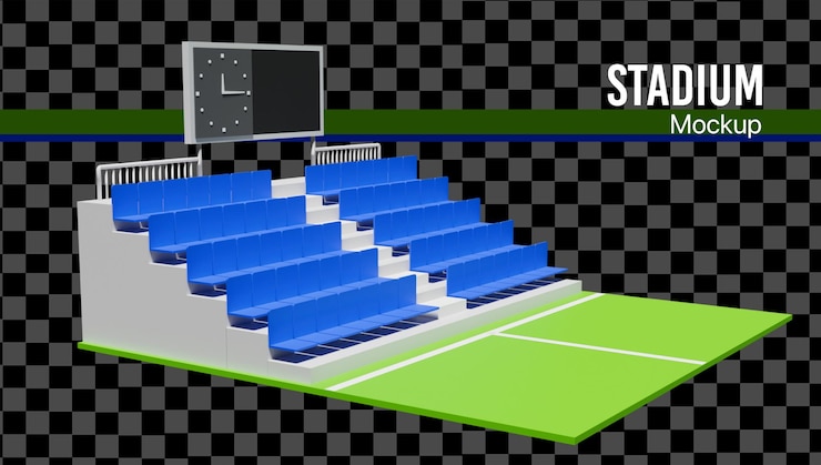 PSD um estádio de futebol 3d com assento e placar