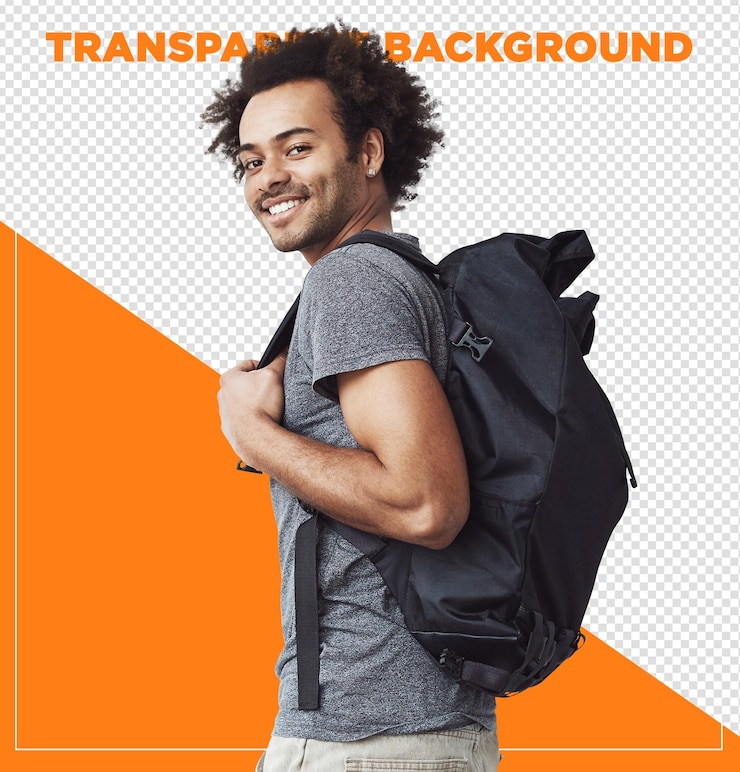PSD um estudante afro com uma mochila nas costas.