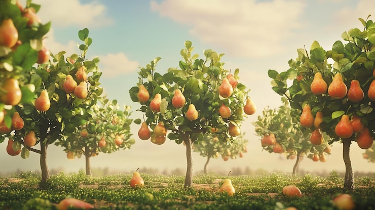 PSD um exuberante pomar de peras ao nascer do sol com frutas maduras penduradas nos galhos