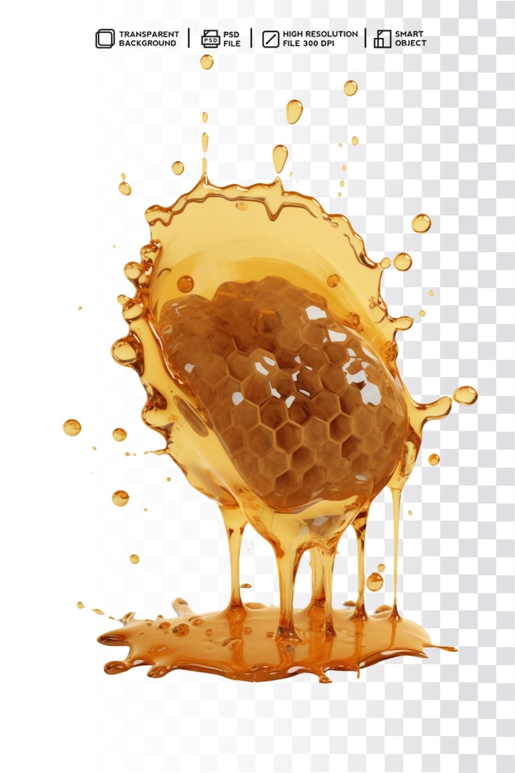 PSD um favo de mel espirrando com mel em fundo transparente