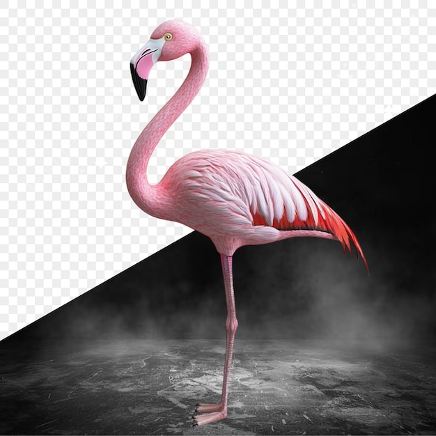 um flamingo rosa de pé na frente de um fundo preto e branco