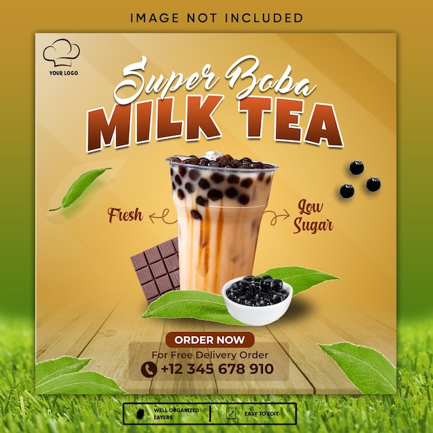 PSD um flyer quadrado para redes sociais modelo de comida quem mild tea boba nele