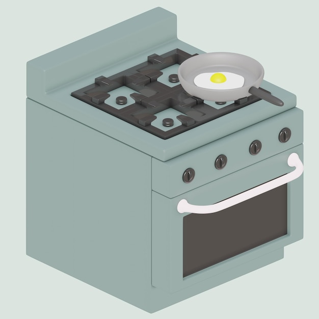 Um fogão renderizado em 3D com uma frigideira