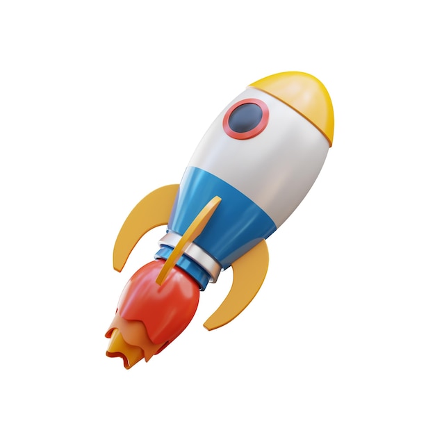PSD um foguete de brinquedo com uma face azul e amarela e a palavra espaço nele.