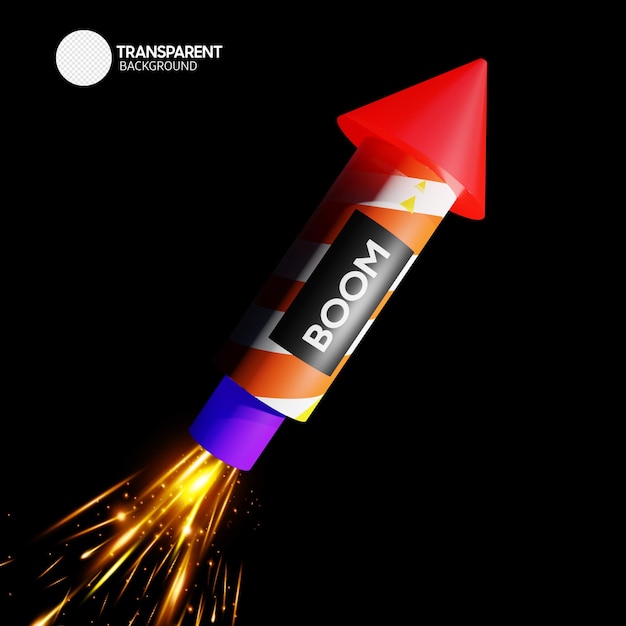 Um foguete vermelho e laranja com a palavra boom nele.