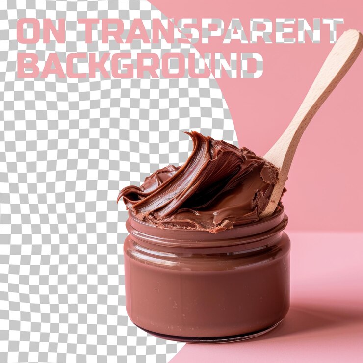 PSD um frasco de molho de chocolate com uma colher de madeira nele