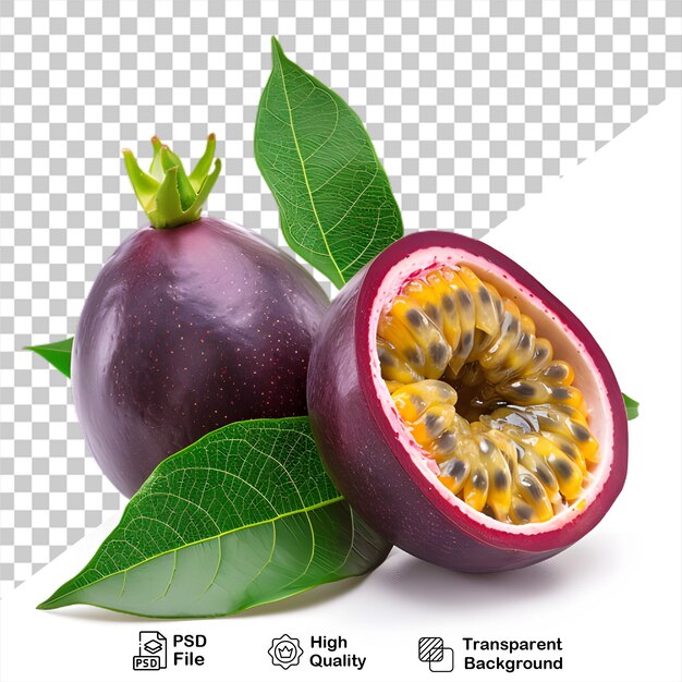 PSD um fruto da paixão roxo com folhas verdes que está em um fundo transparente com arquivo png