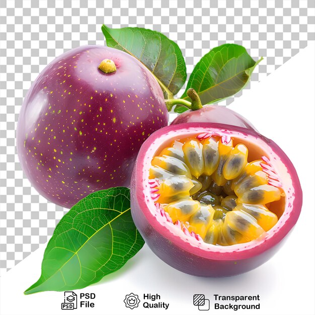 PSD um fruto da paixão roxo com folhas verdes que está em um fundo transparente com arquivo png