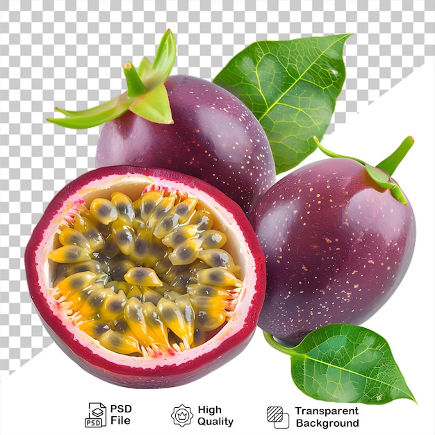 PSD um fruto da paixão roxo com folhas verdes que está em um fundo transparente com arquivo png