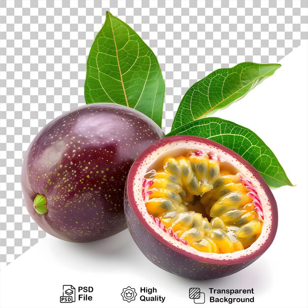 PSD um fruto da paixão roxo com folhas verdes que está em um fundo transparente com arquivo png