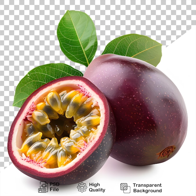 PSD um fruto da paixão roxo com folhas verdes que está em um fundo transparente com arquivo png