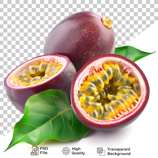 Um fruto da paixão roxo com folhas verdes que está em um fundo transparente com arquivo png