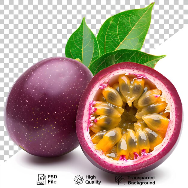 PSD um fruto da paixão roxo com folhas verdes que está em um fundo transparente com arquivo png