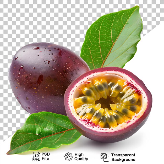 PSD um fruto da paixão roxo com folhas verdes que está em um fundo transparente com arquivo png