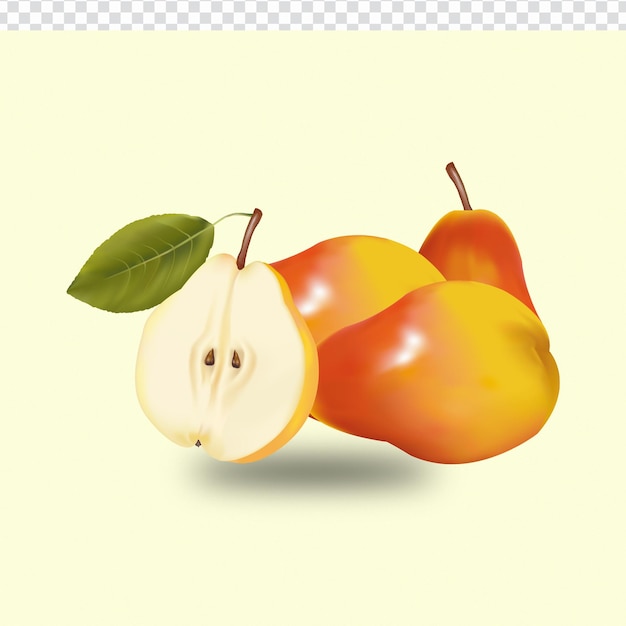 Um fundo amarelo com uma foto de duas peras 3d e uma com uma folha