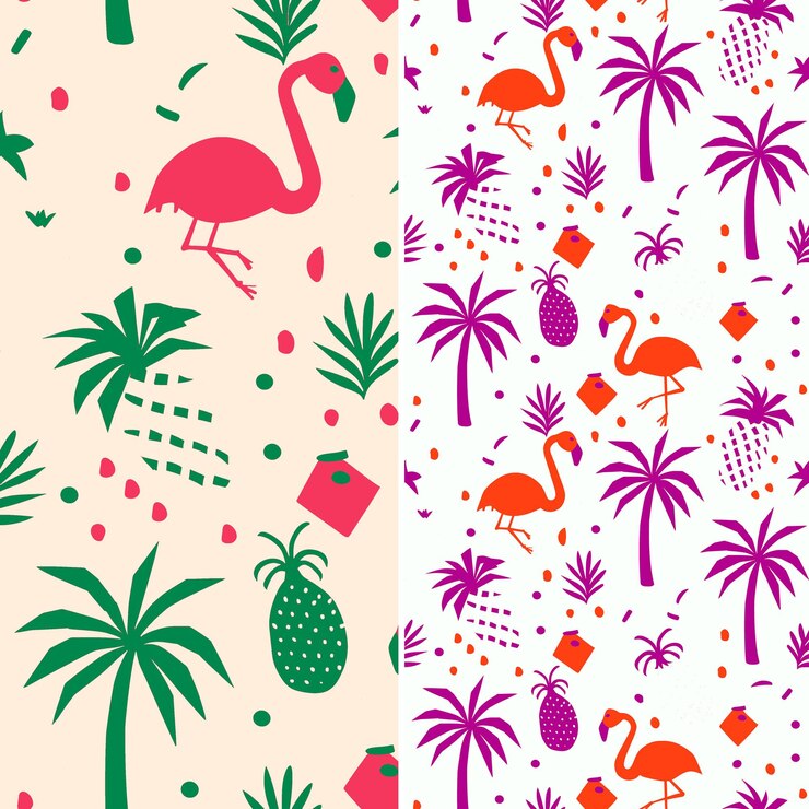 PSD um fundo colorido com palmeiras um flamingo rosa e um abacaxi