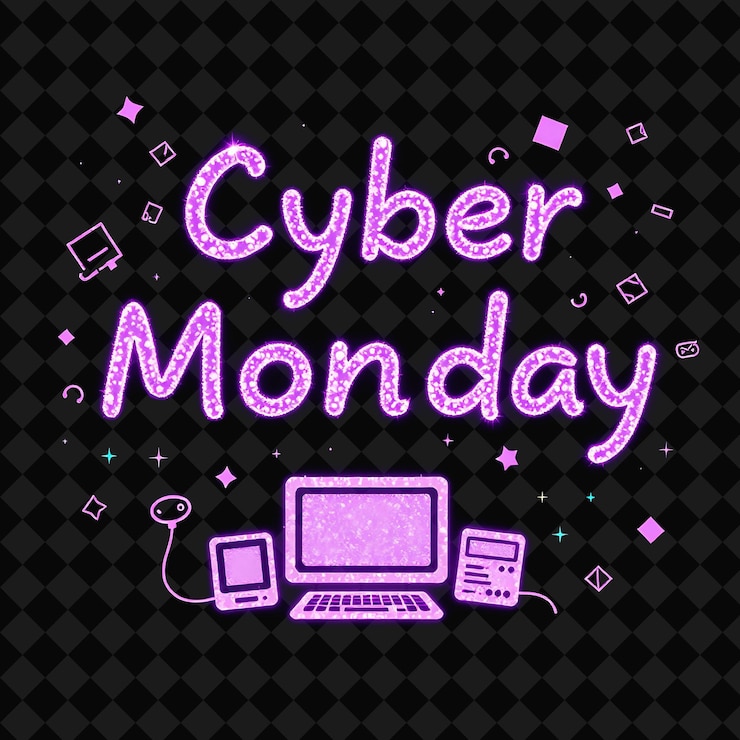 PSD um fundo preto com um fundo roxo com um laptop e uma tela que diz cyber monday nele