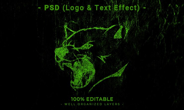 PSD um fundo preto com uma cara de gato verde e as palavras logo psd e efeito de texto.