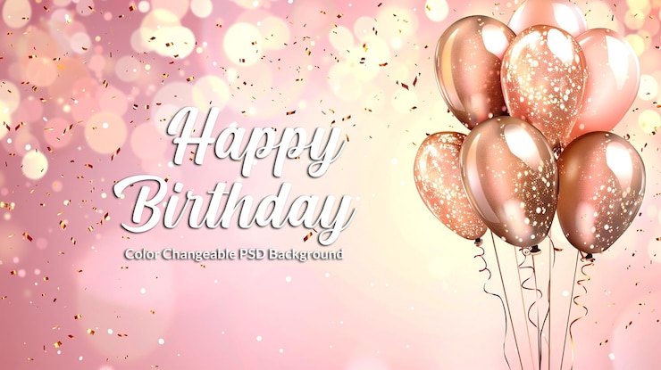 PSD um fundo rosa com balões e as palavras feliz aniversário nele