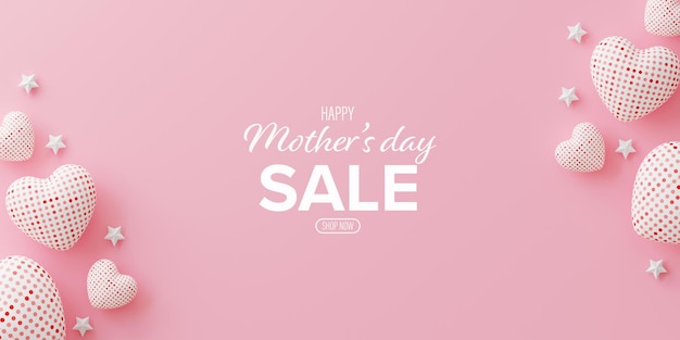 Um fundo rosa com corações e estrelas o texto é feliz dia das mães venda e está escrito em branco