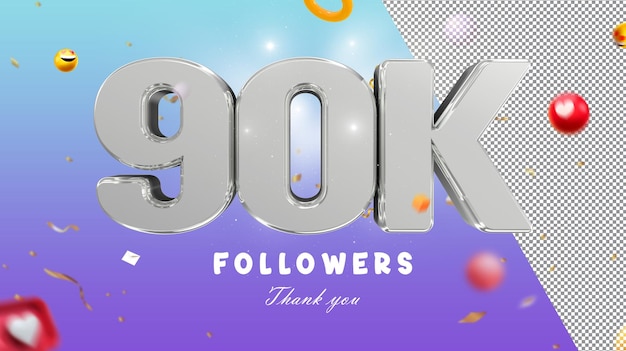 Um fundo roxo com as palavras 90k seguidores escritas em letras prateadas.