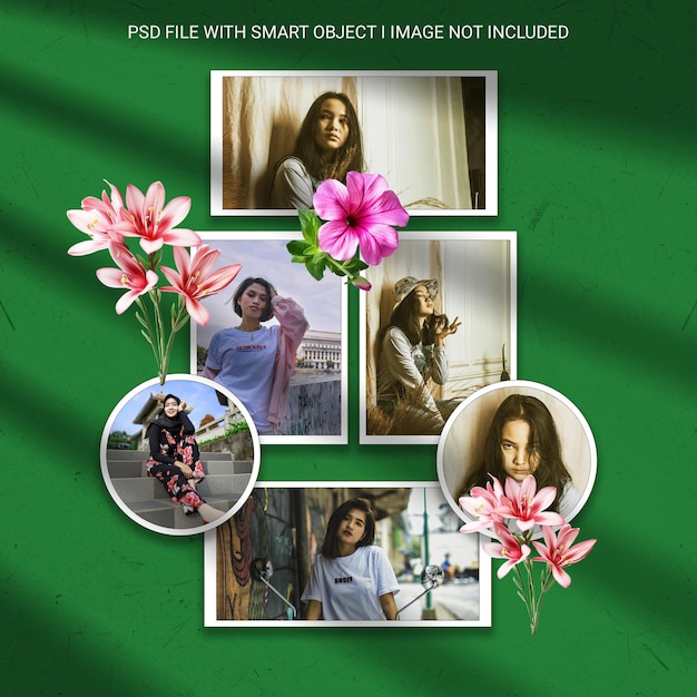 um fundo verde com imagens de pessoas e flores