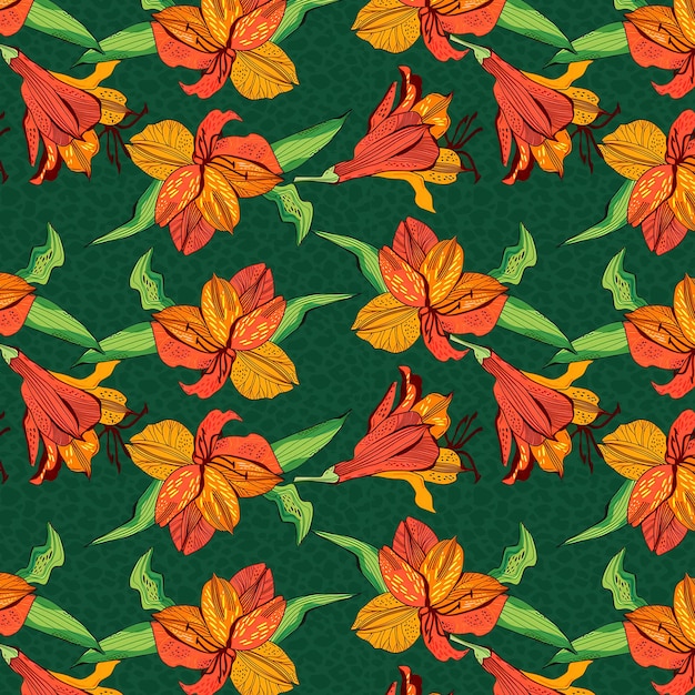 um fundo verde com um padrão de flores e folhas