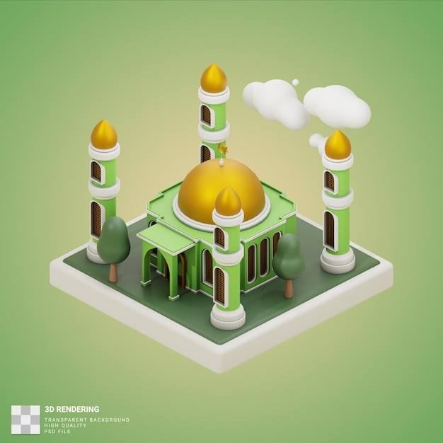 Um fundo verde com uma mesquita e árvores.