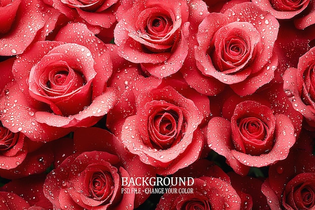 um fundo vermelho e branco com rosas vermelhas e gotas de chuva