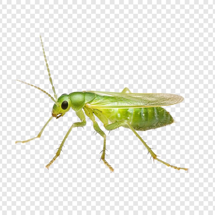 PSD um gafanhoto verde com um corpo verde e um inseto verde em seu lado