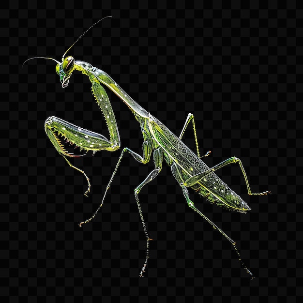 Um gafanhoto verde com uma cauda longa senta-se em um fundo preto