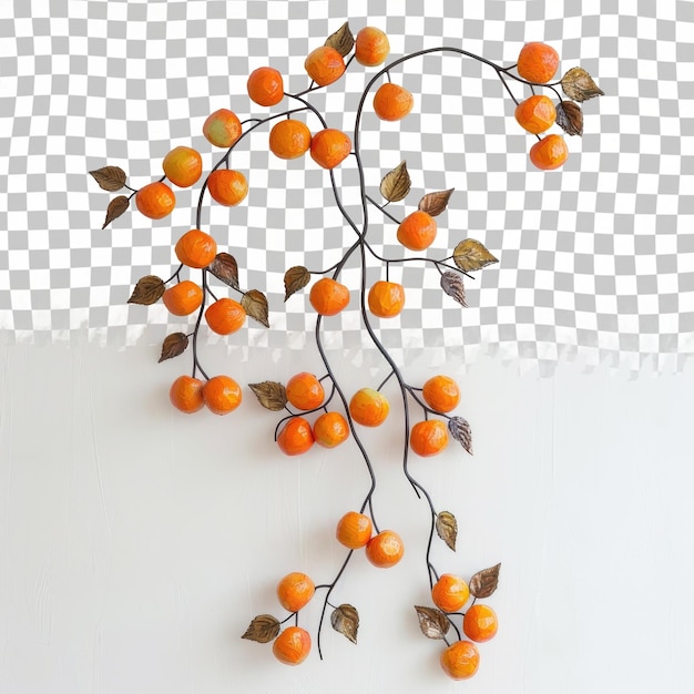 PSD um galho de laranjas pendurado em um fundo branco com uma imagem de um galho da árvore nele