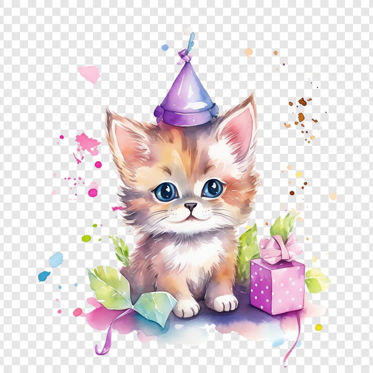 PSD um gatinho com um chapéu de festa na cabeça senta-se ao lado de uma caixa com um presente