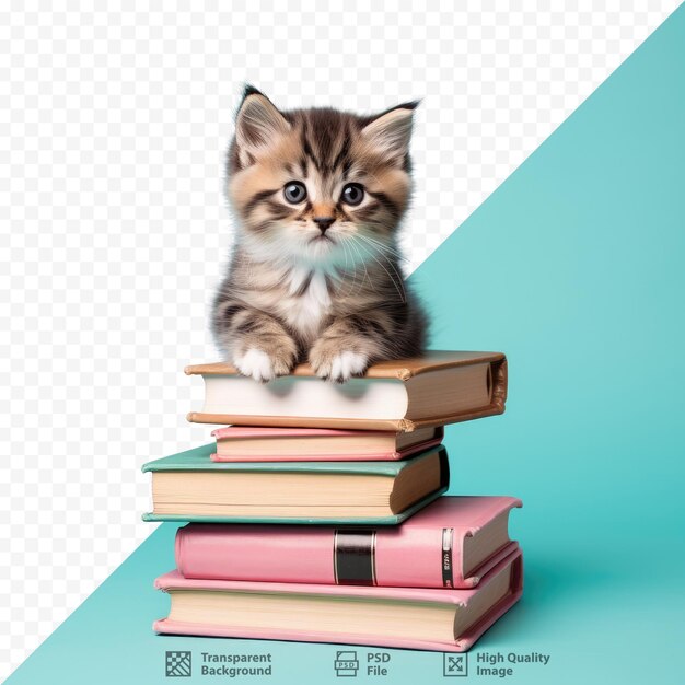 PSD um gatinho sentado em uma pilha de livros com fundo azul.