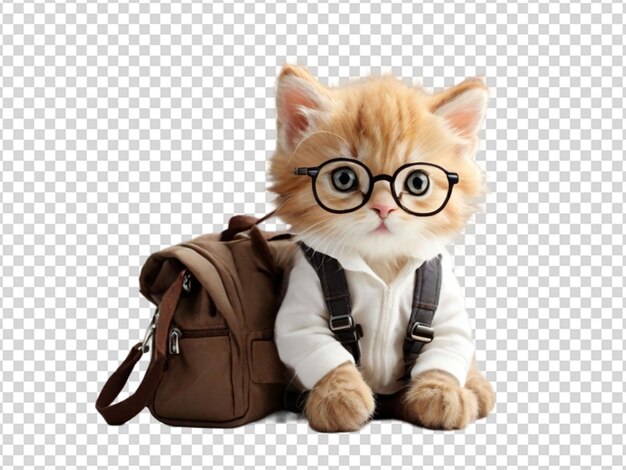 PSD um gato bonito usando óculos com saco em fundo transparente