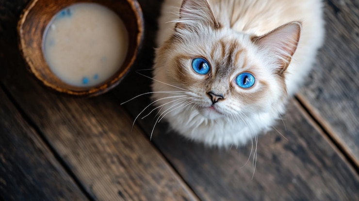 PSD um gato branco com olhos azuis penetrantes olha para a câmera ao lado de uma tigela de madeira de leite em um chão de madeira rústico