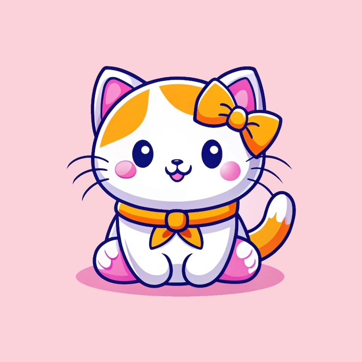PSD um gato com um arco no pescoço senta-se em um fundo rosa
